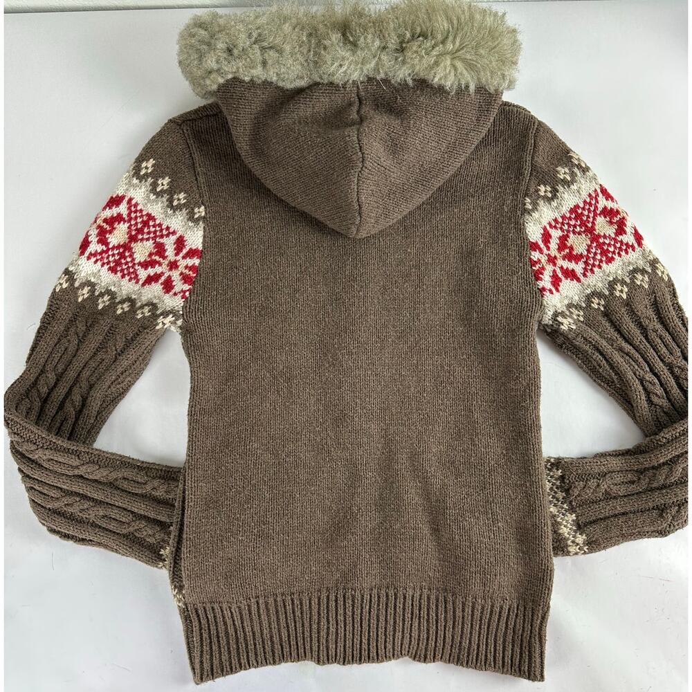 Y2K Aeropostale Fair Isle Knit Sweater Faux Fur Hood Bella Swan Twilightcore - M - Picture 7 of 11